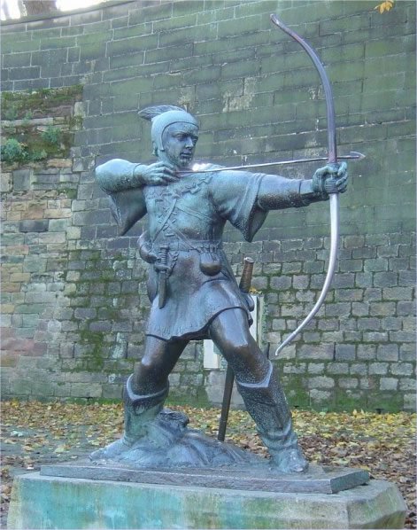Robin Hood - by James Woodford, full-length bronze statue accompanied by bronze reliefs