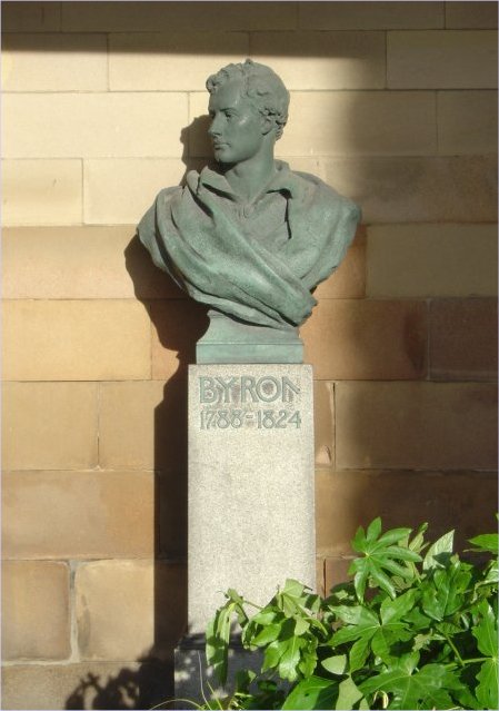 Lord Byron, head on view of bust and plinth